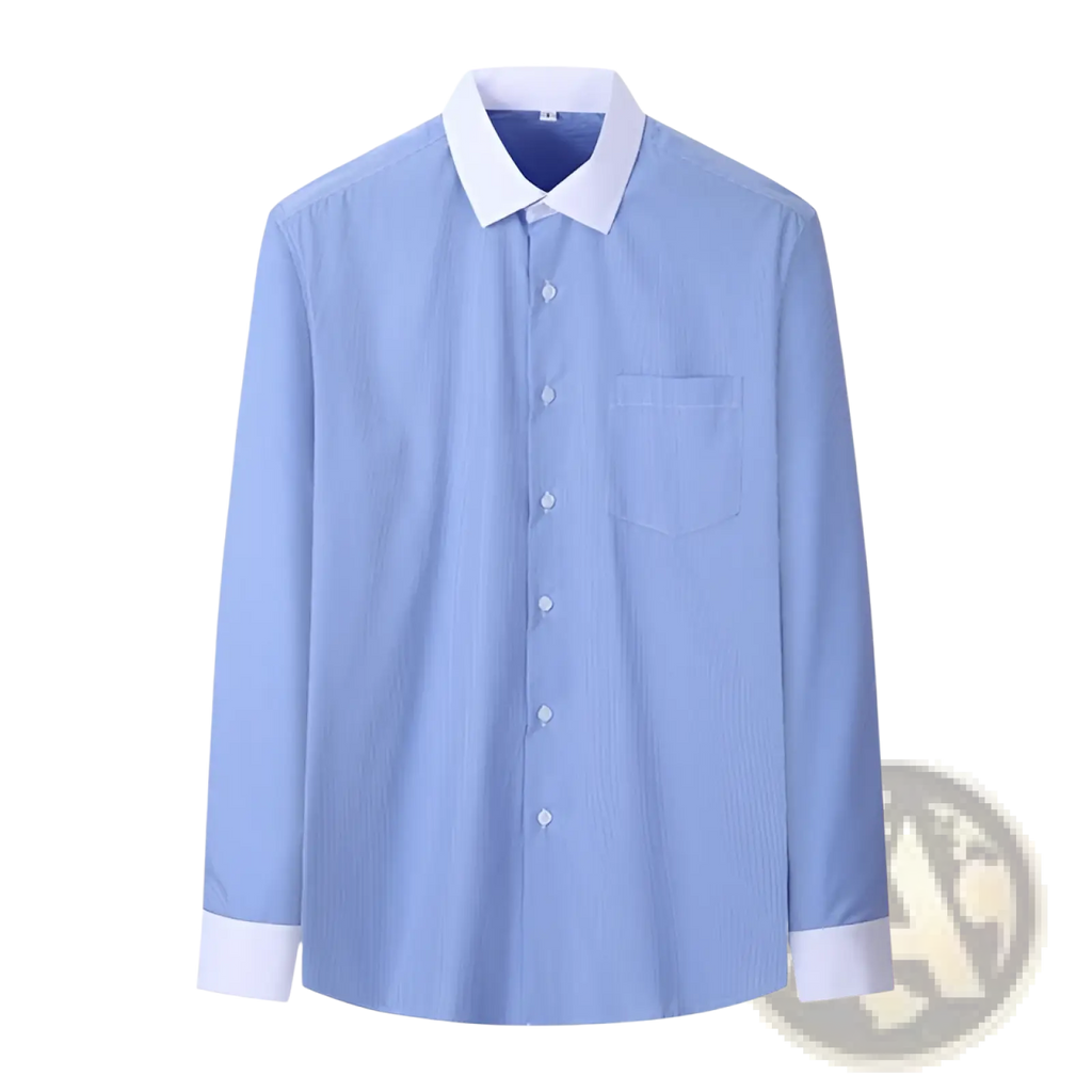 Plus size striped button down shirt in light blue with white collar and cuffs featuring vertical stripes