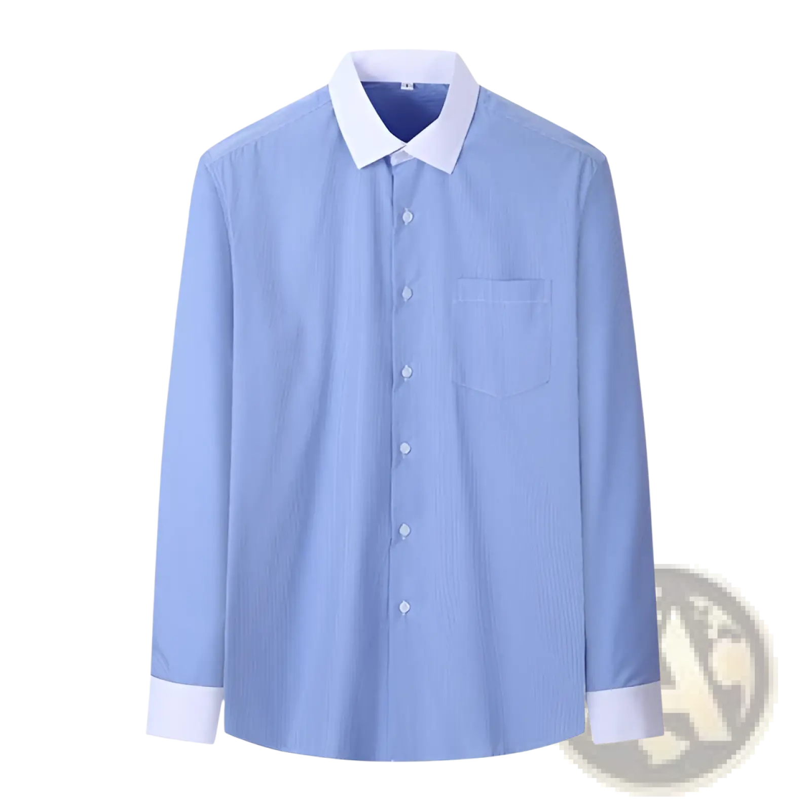 Plus size striped button down shirt in light blue with white collar and cuffs featuring vertical stripes