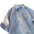 Plus size casual short-sleeved shirt with blue and white vertical stripes and a collar featuring a new fashion label