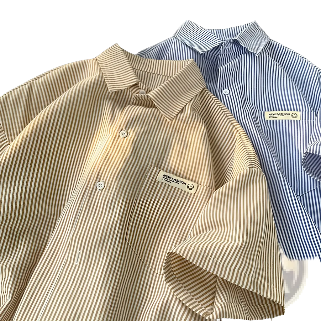 Plus size casual shirt beige and white striped short-sleeved button-up with collar for everyday wear