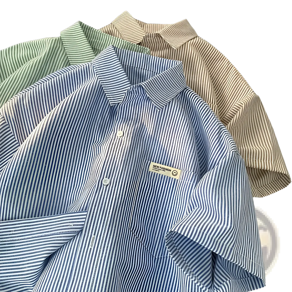 Plus size casual shirt with blue and white stripes short sleeves button-up collar and chest pocket