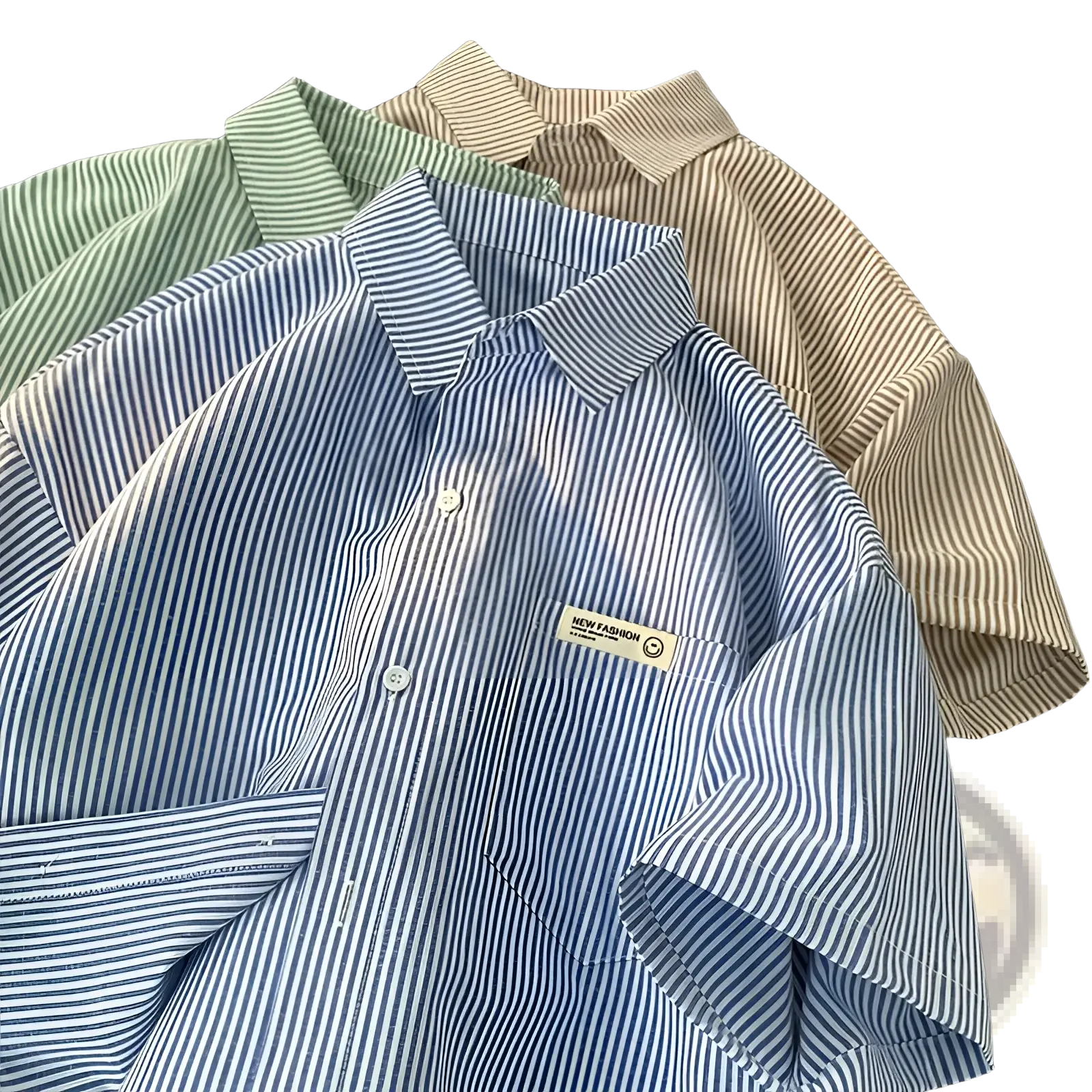 Plus size casual shirt with blue and white stripes short sleeves button-up collar and chest pocket