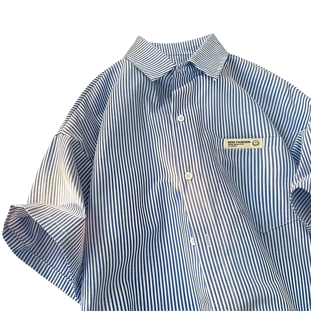 Plus size striped casual shirt in blue and white vertical stripes with short sleeves collar and chest pocket