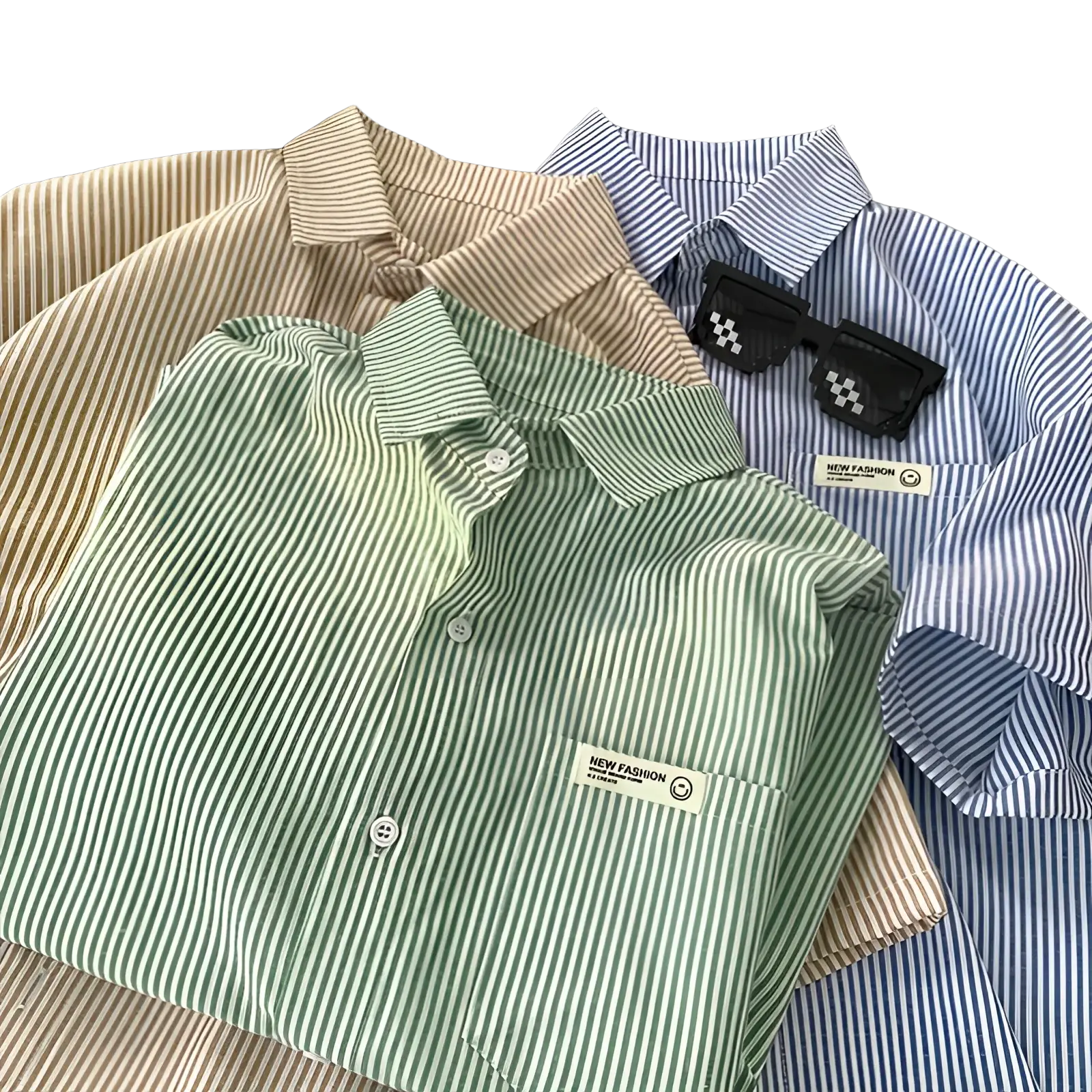 Plus size green and white striped short-sleeved casual button-up shirt with chest pocket and new fashion label