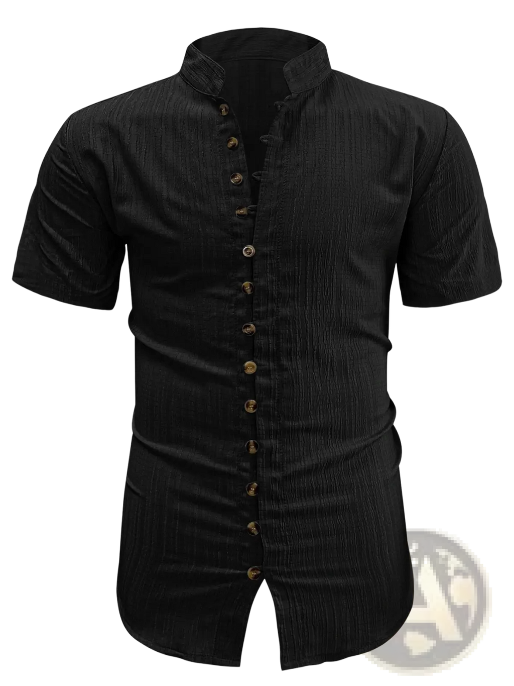 Plus size black short sleeve cardigan shirt with textured fabric and gold toned buttons down the front