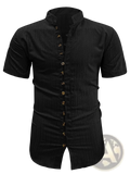 Plus size black short sleeve cardigan shirt with textured fabric and gold toned buttons down the front