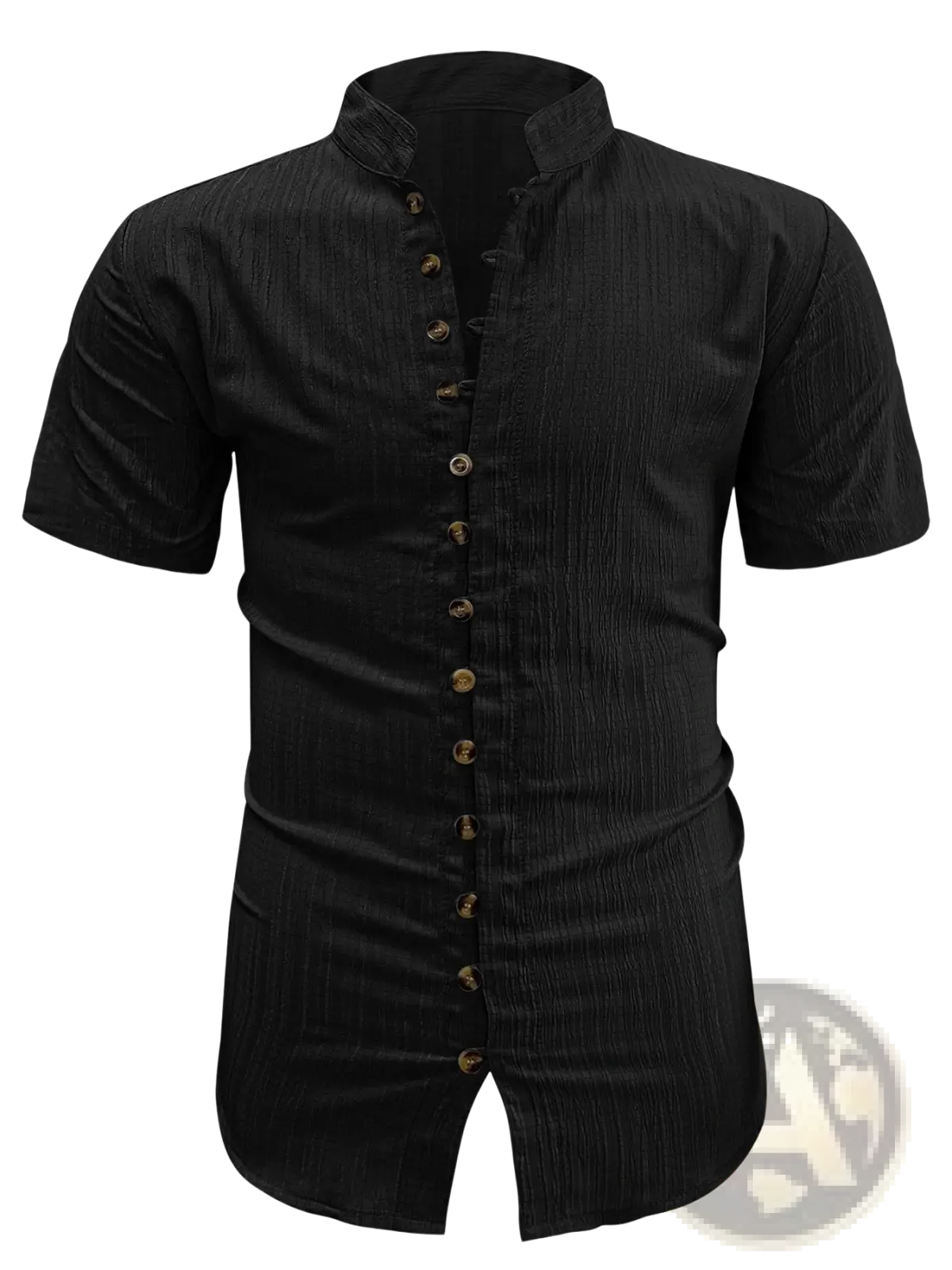 Plus size black short sleeve cardigan shirt with textured fabric and gold toned buttons down the front