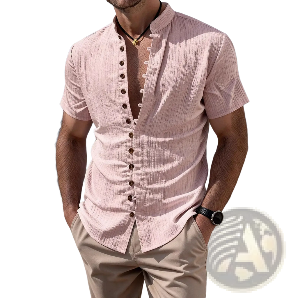 Plus size light pink textured short sleeve cardigan shirt with dark brown buttons and subtle weave design