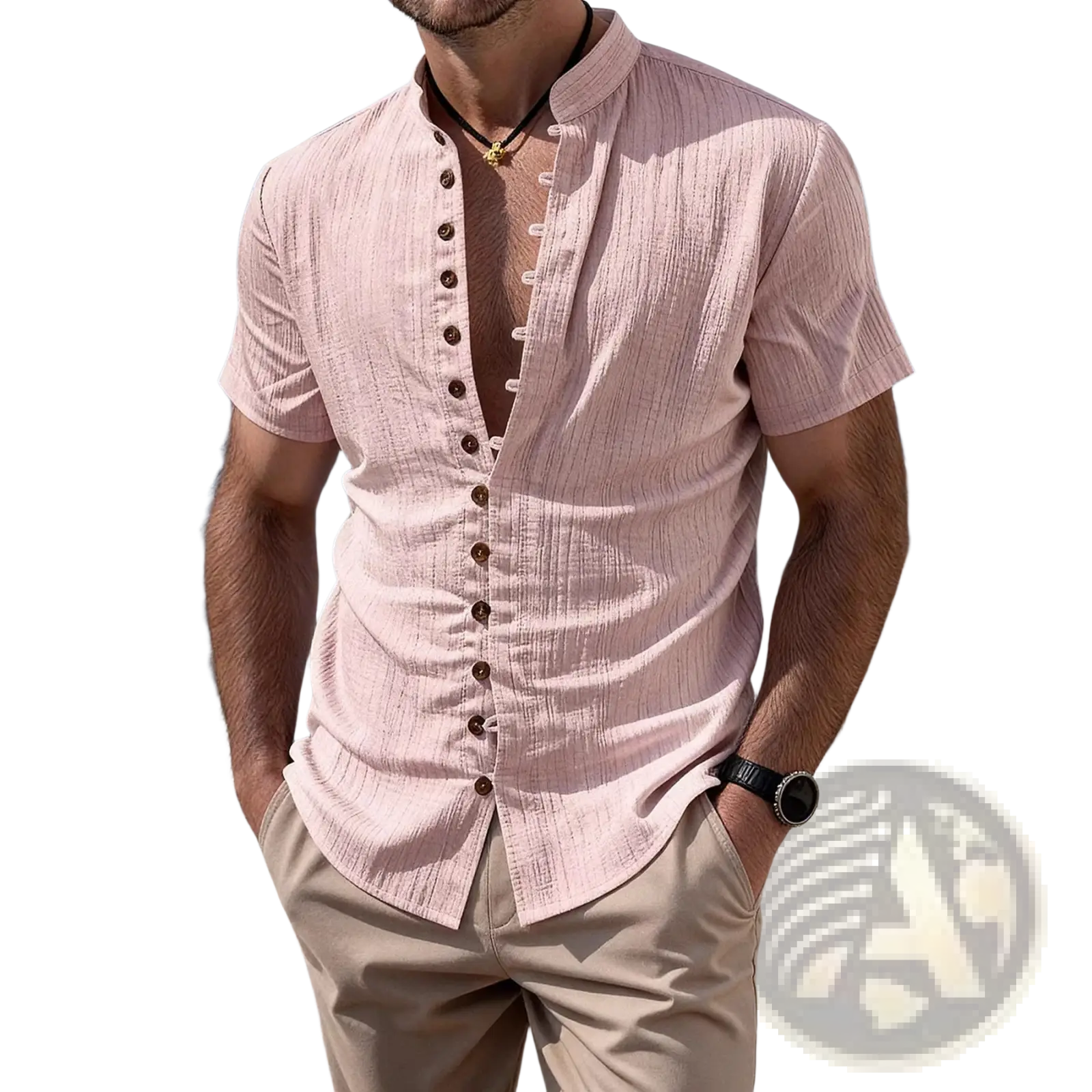 Plus size light pink textured short sleeve cardigan shirt with dark brown buttons and subtle weave design