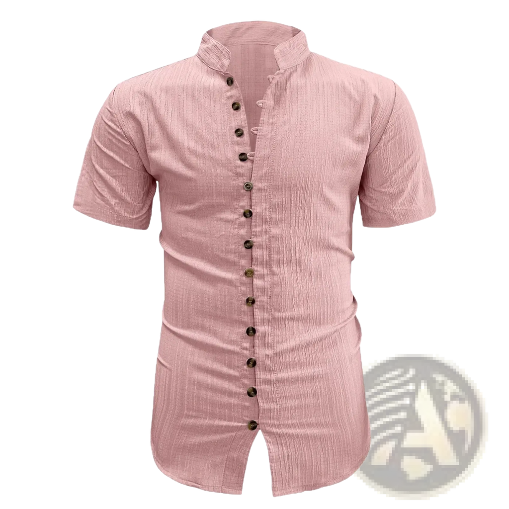Plus size textured short sleeve cardigan shirt in light pink with textured fabric and dark brown front buttons