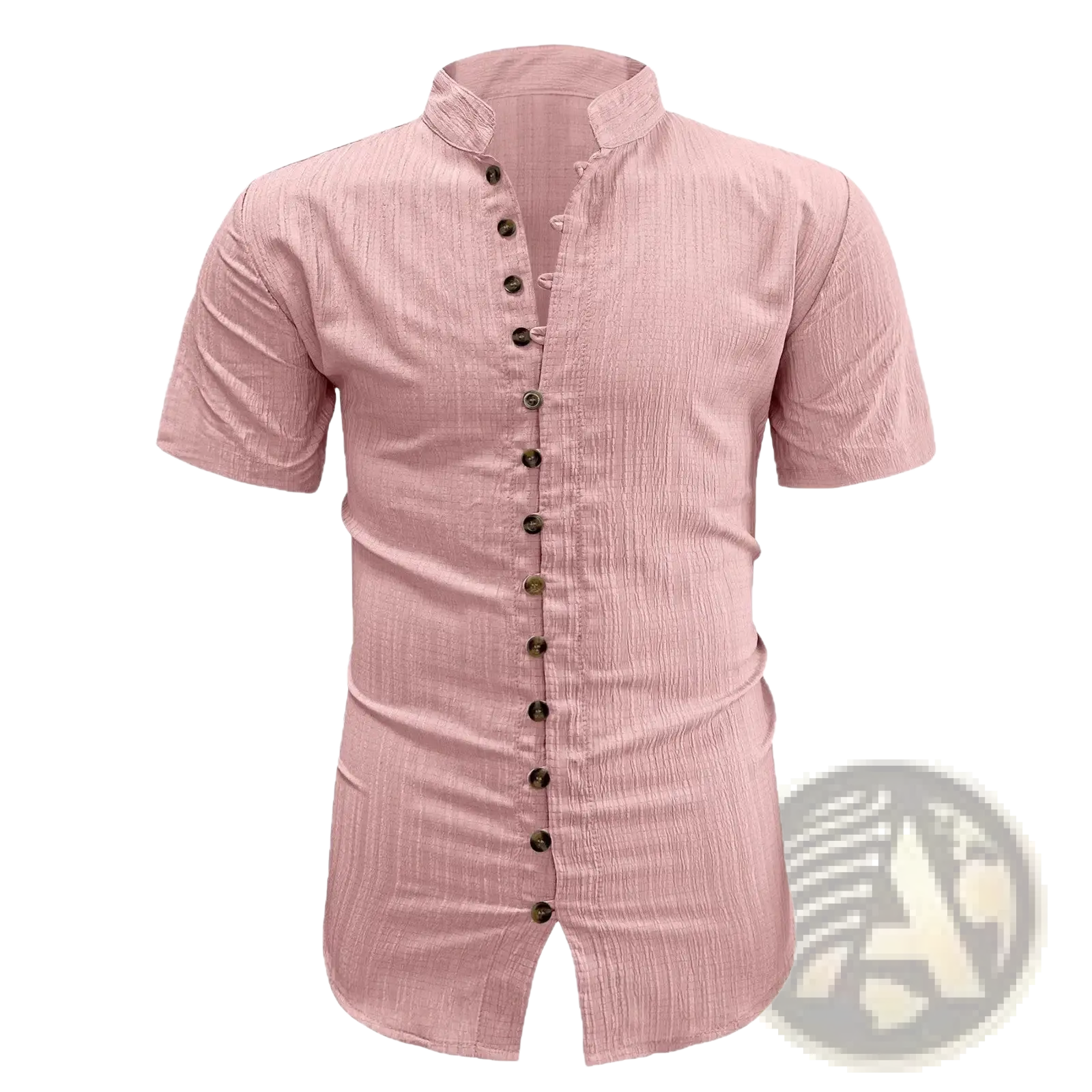 Plus size textured short sleeve cardigan shirt in light pink with textured fabric and dark brown front buttons