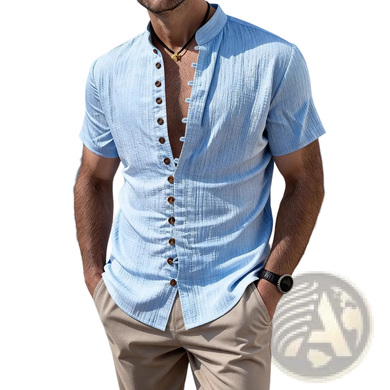 Plus size light blue textured short sleeve cardigan shirt with subtle weave and dark brown buttons down the front
