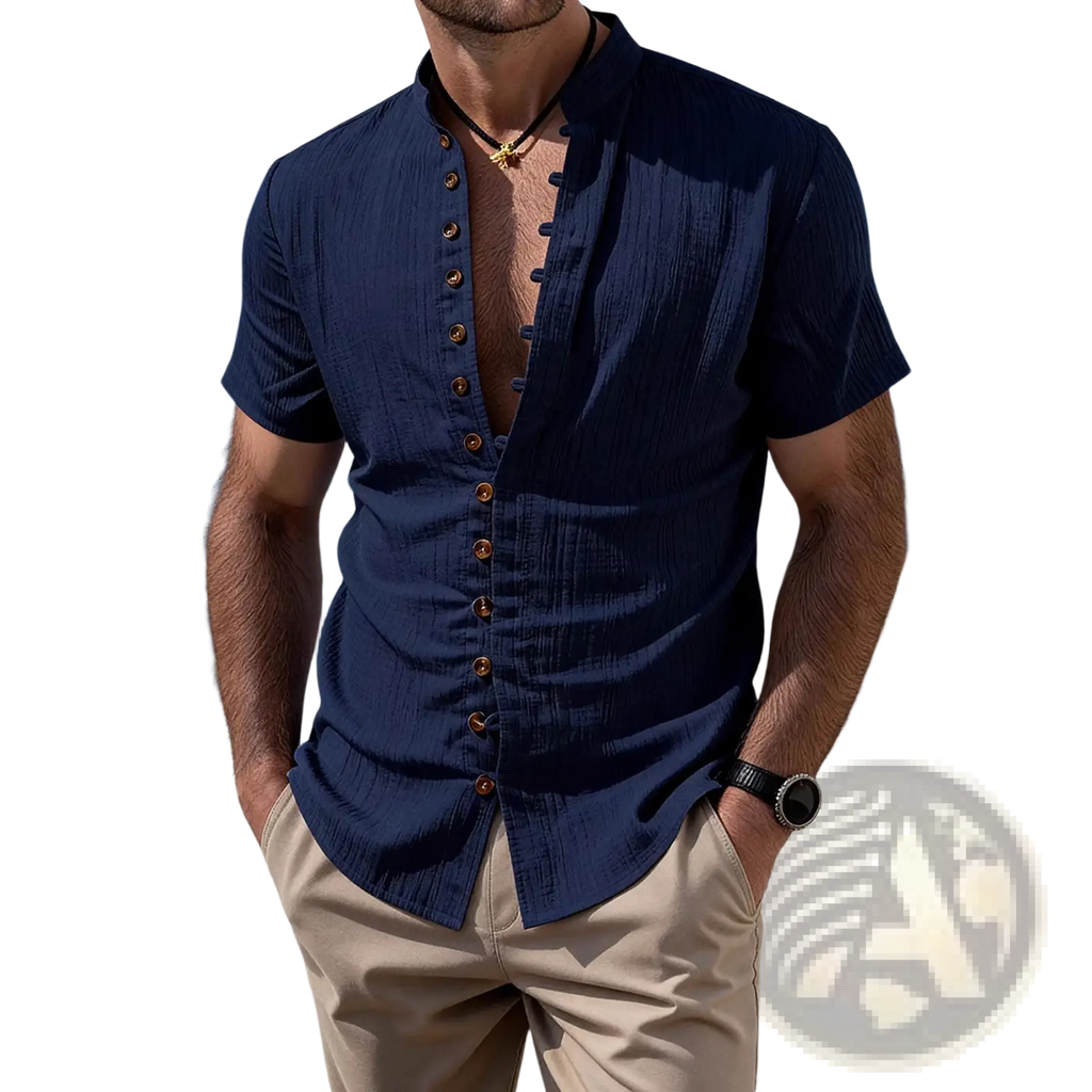 Plus size navy blue short sleeve cardigan shirt with textured fabric and wooden buttons
