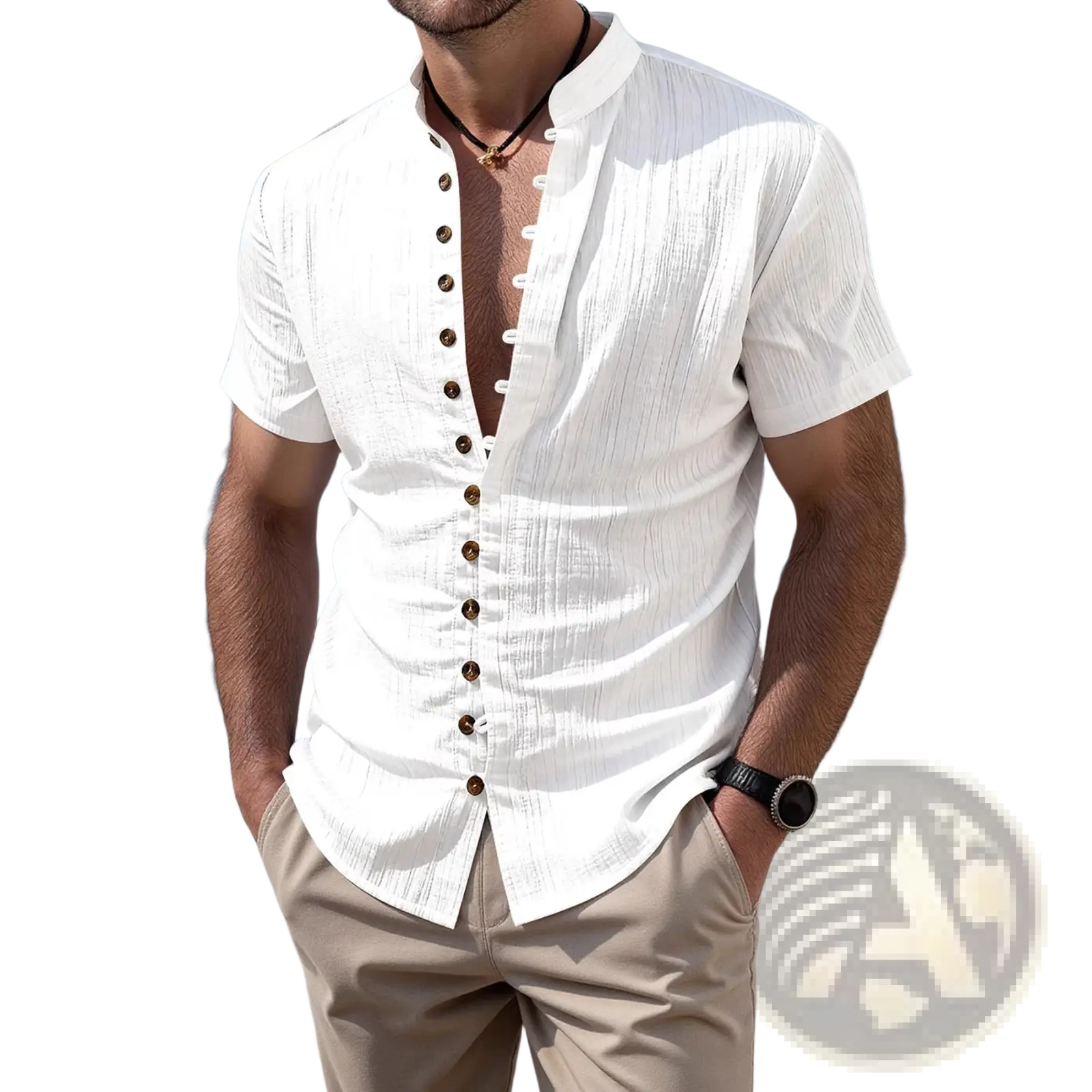 Plus size white textured short sleeve cardigan shirt with button-up front and dark brown buttons