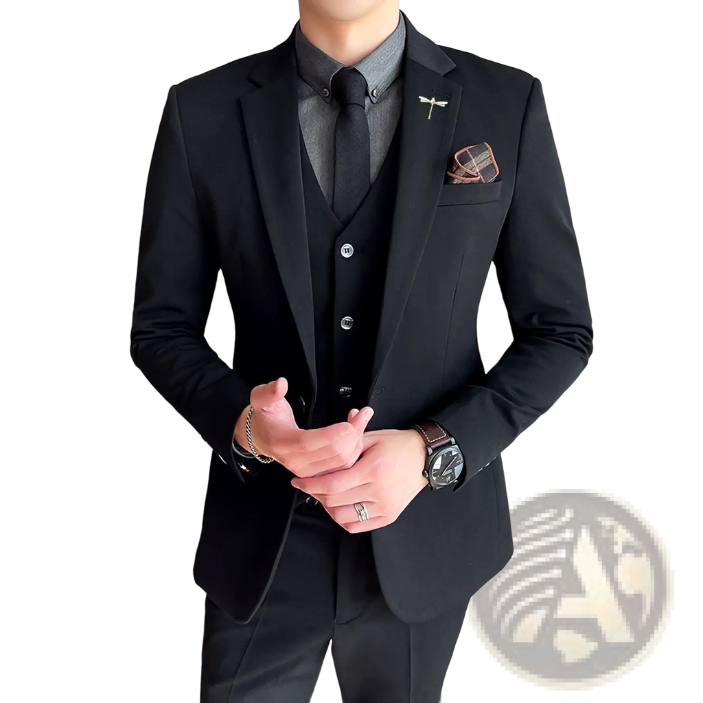 Plus size black tailored three-piece suit with subtle sheen featuring matching vest and textured trousers