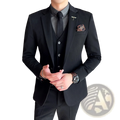 Plus size black tailored three-piece suit with subtle sheen featuring matching vest and textured trousers