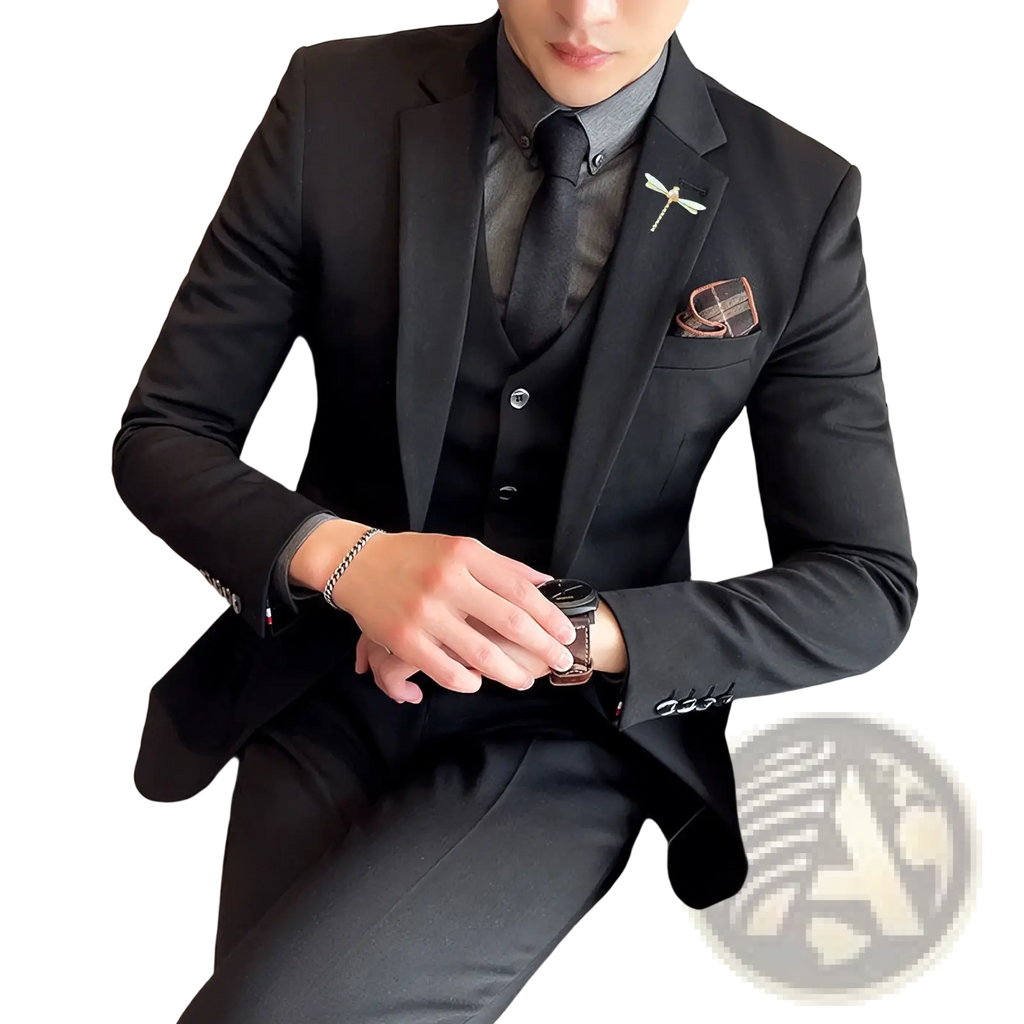 Plus size textured three-piece suit black tailored jacket with notched lapels and subtle button detailing