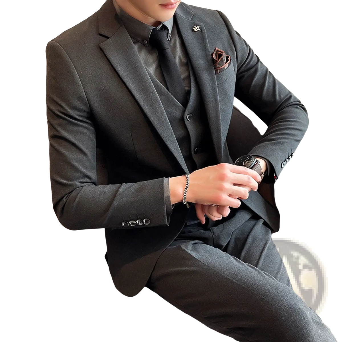 Plus size dark gray three-piece suit with textured weave and matching vest accented by brown patterned pocket square