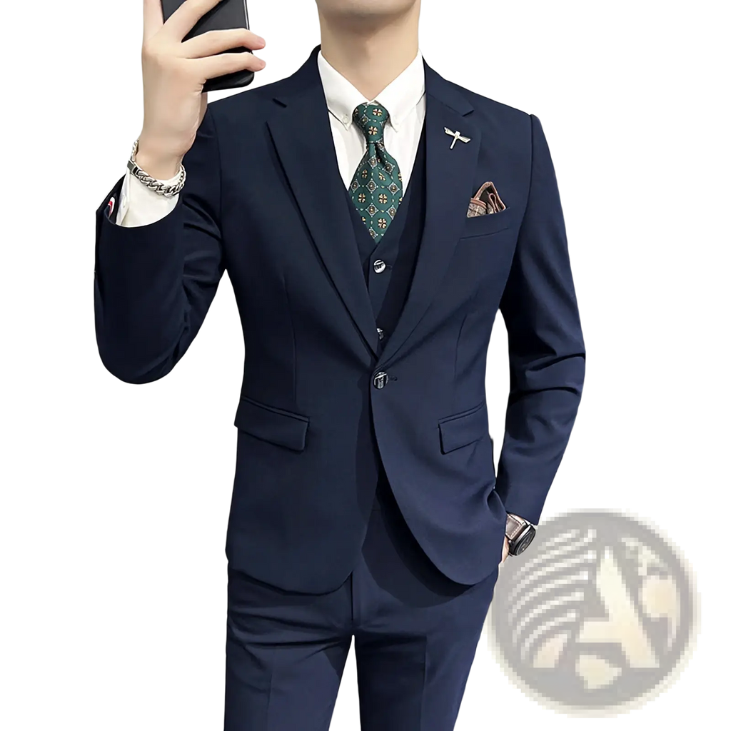 Plus size navy blue textured three-piece suit with tailored fit and subtle texture for formal occasions