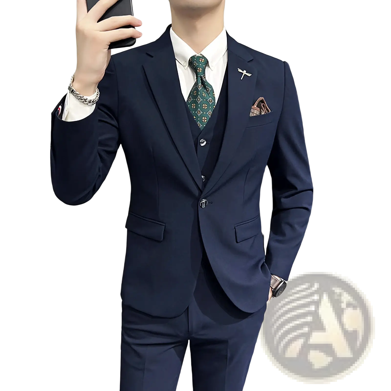 Plus size navy blue textured three-piece suit with tailored fit and subtle texture for formal occasions
