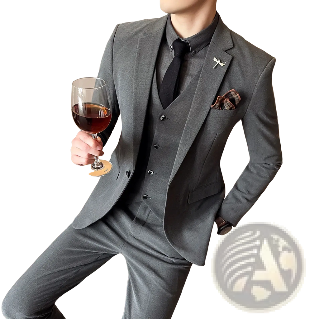 Plus size charcoal gray three-piece suit with subtle textured weave and matching vest for formal occasions