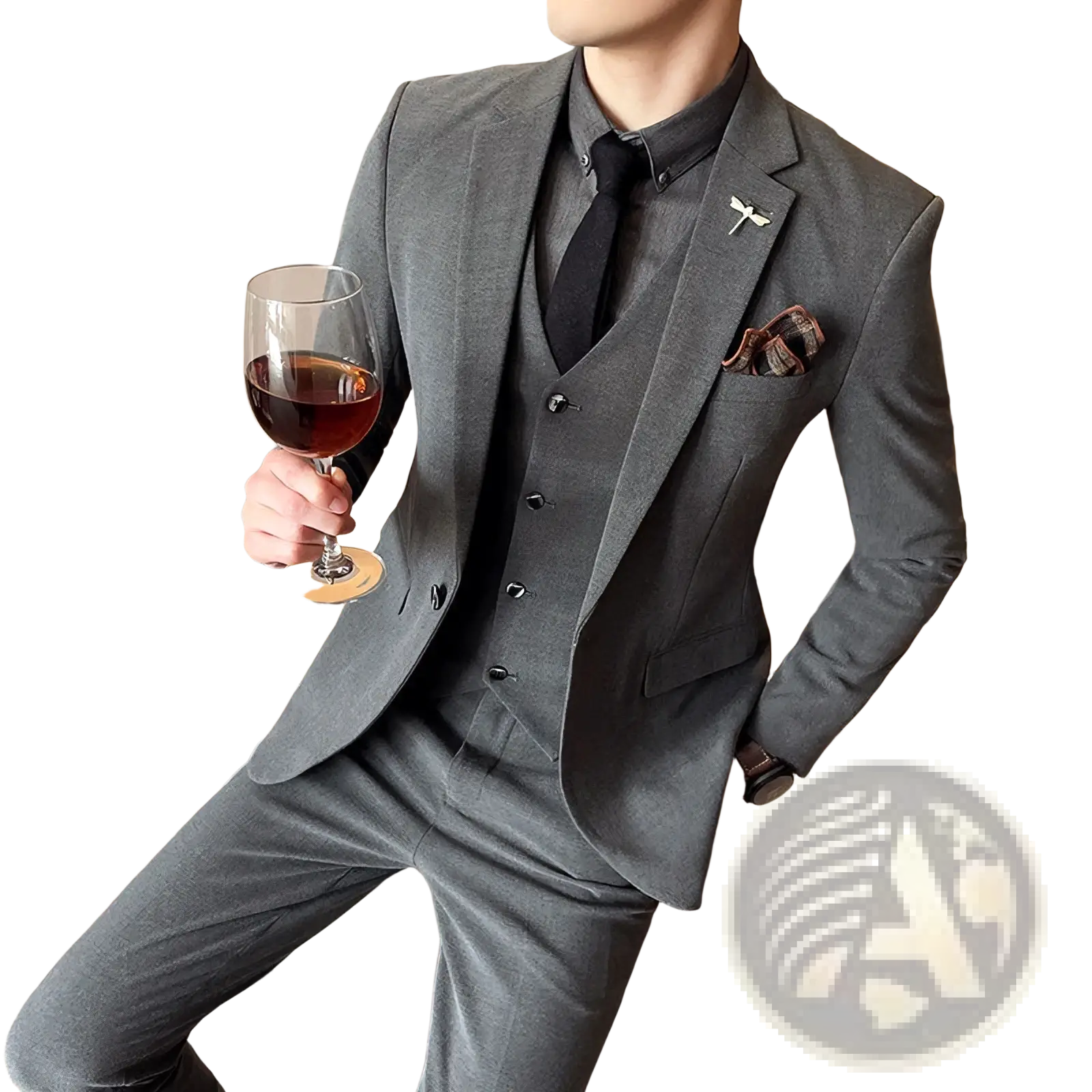 Plus size charcoal gray three-piece suit with subtle textured weave and matching vest for formal occasions