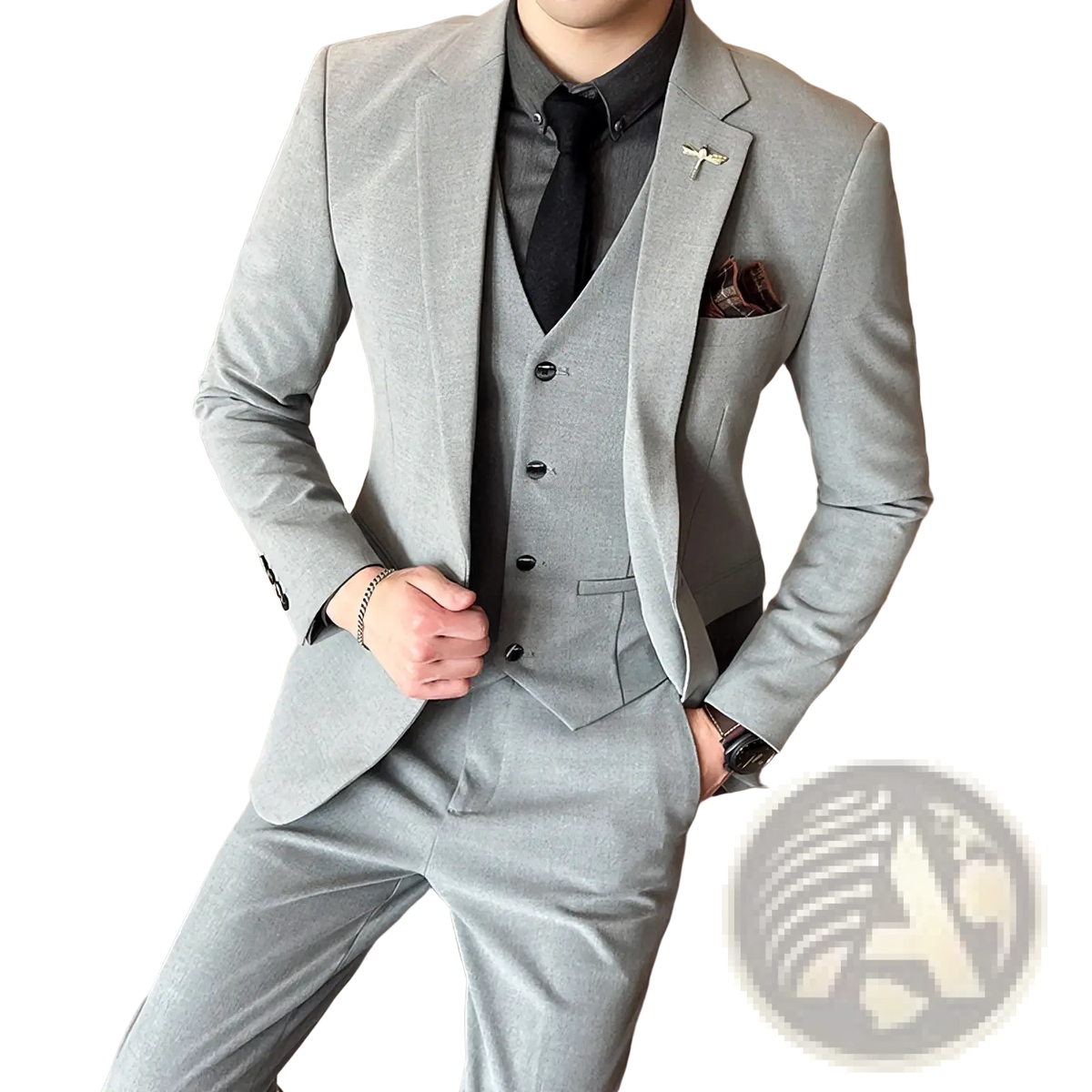 Plus size gray textured three-piece suit with slim-fit trousers, notched lapel jacket, and black button vest