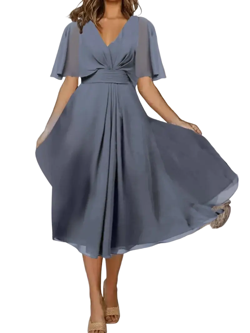 Plus size v-neck dusty blue chiffon midi evening party dress with short flutter sleeves and cinched waist