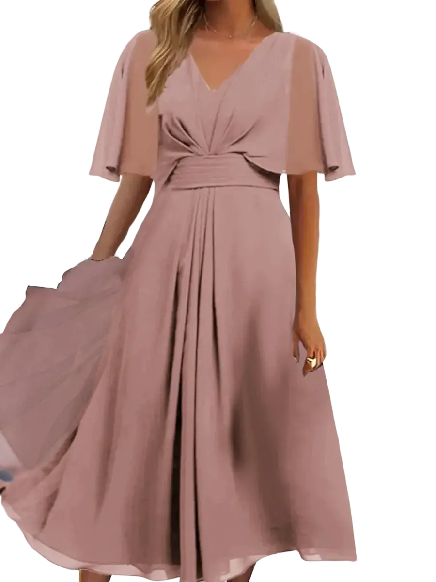 Plus size v-neck chiffon evening party dress in dusty rose with sheer cape sleeves and gathered waistband midi length