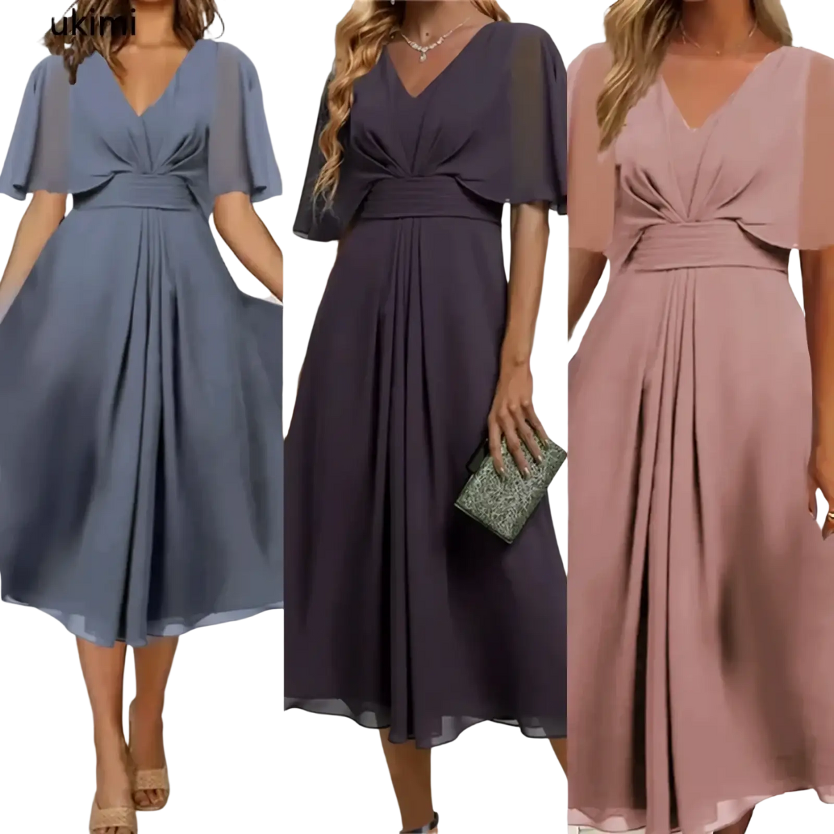 Plus size v-neck chiffon evening party dresses in soft blue deep purple and dusty rose with draped knot waist and sheer sleeves