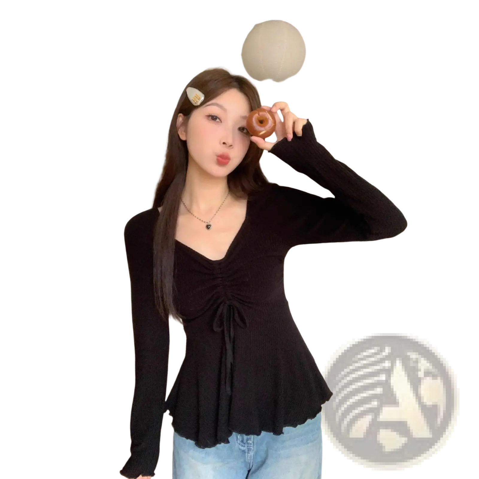 Plus size black ribbed long sleeve top with ruched front and peplum hem suitable for summer wear