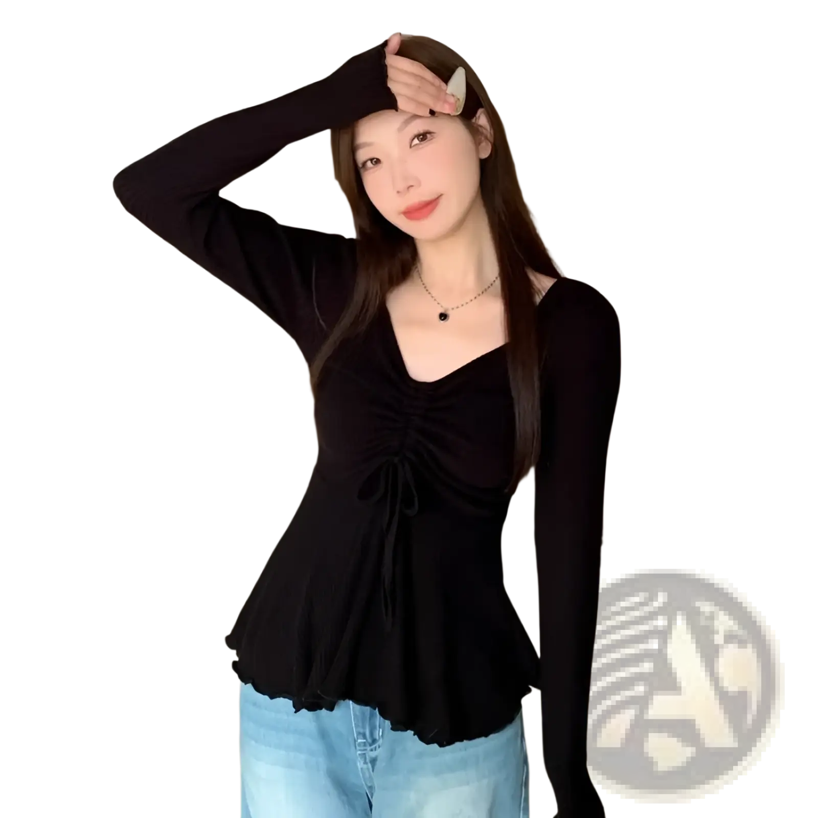 Black ribbed long sleeve top with ruched front and peplum hem designed for plus size summer wear