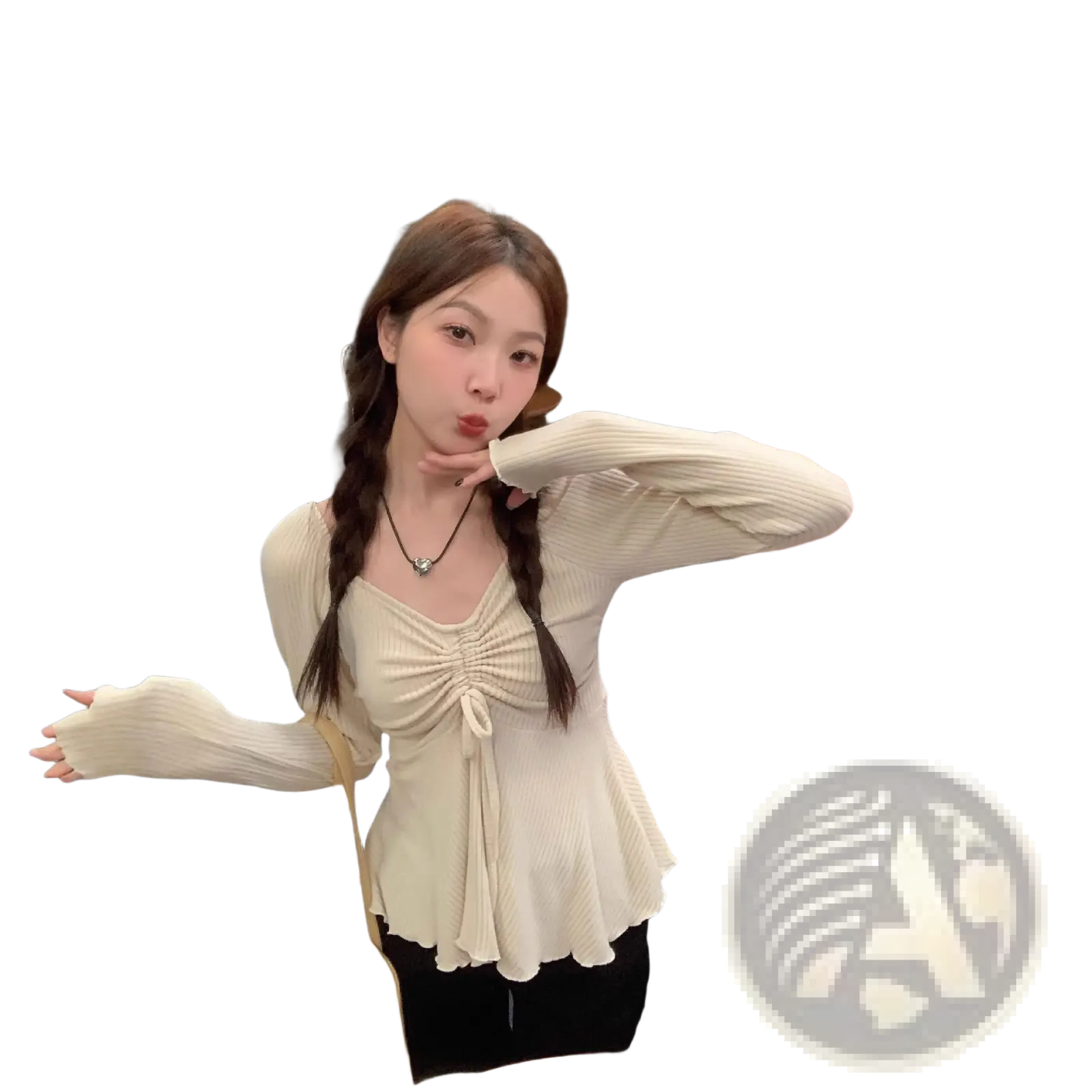 Plus size cream-colored ribbed knit long-sleeve top with ruched front and peplum hem ideal for summer wear