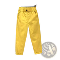 Bright yellow high-waisted pants with elastic waistband and rolled cuffs in plus size white denim harem pants style
