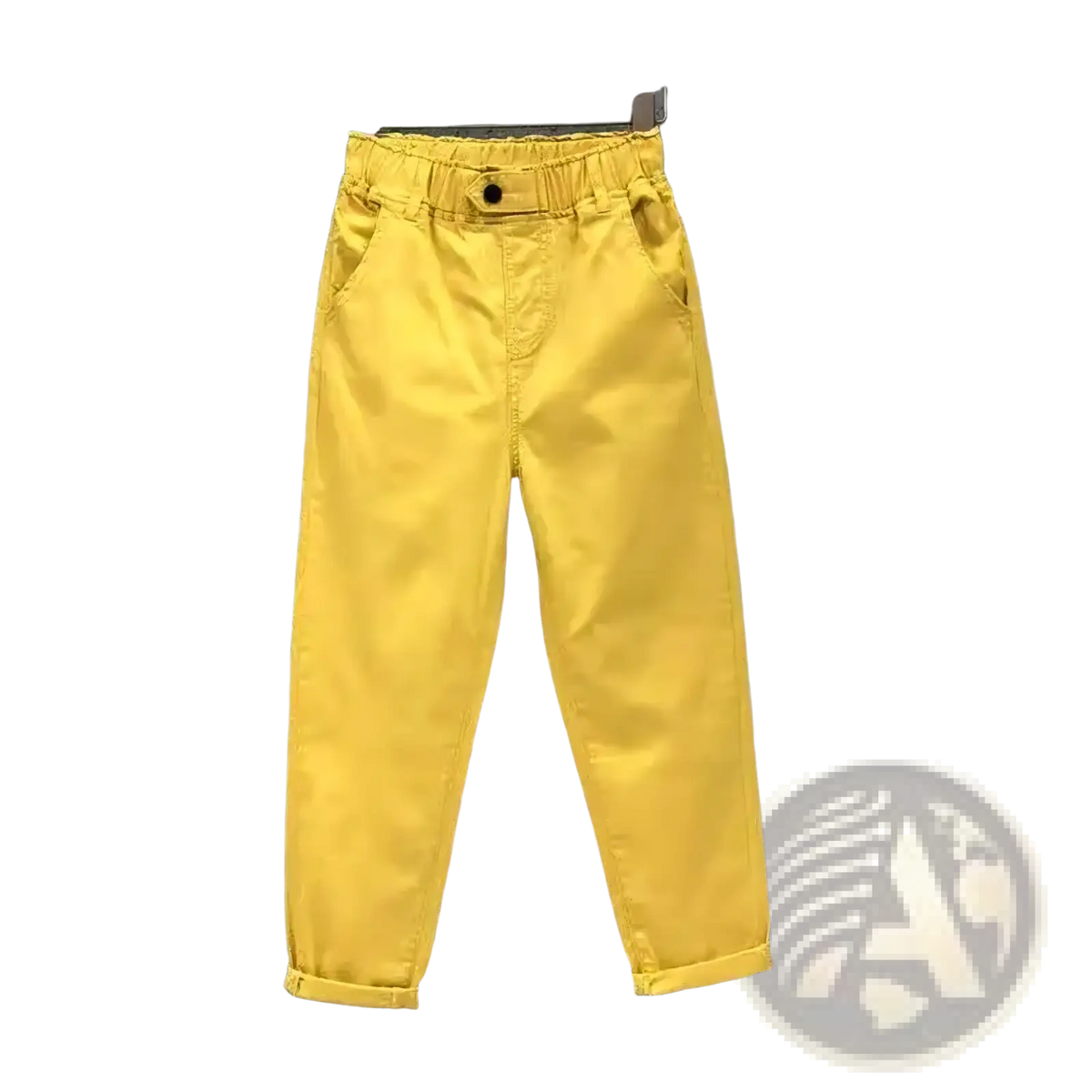 Bright yellow high-waisted pants with elastic waistband and rolled cuffs in plus size white denim harem pants style