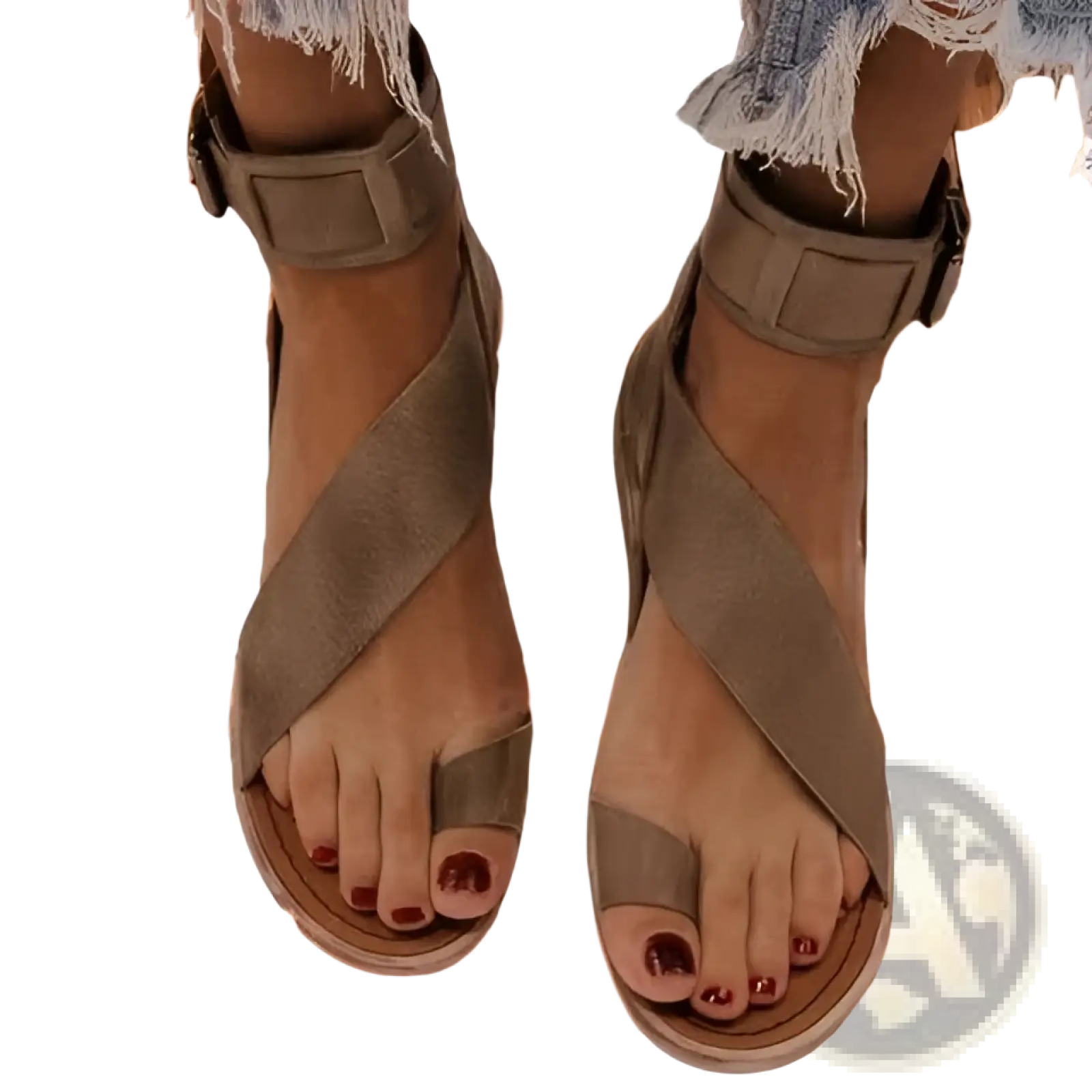 Plus size women’s tan suede flat roman sandals with crisscross straps and adjustable ankle buckles