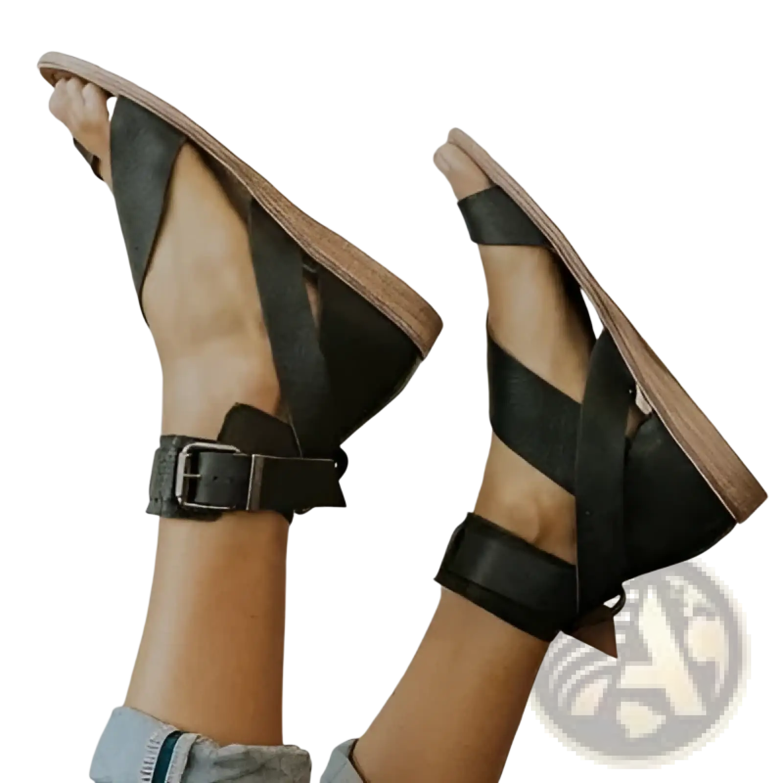 Plus size women’s black leather flat Roman strappy sandals with wedge heel and buckle ankle strap