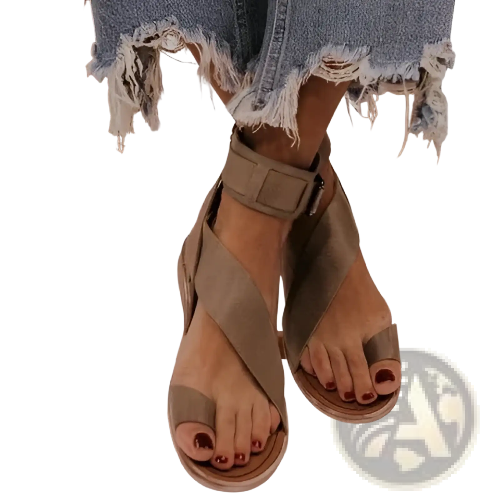 Plus size women’s olive green flat roman strappy sandals with buckle detail and flat sole in leather material