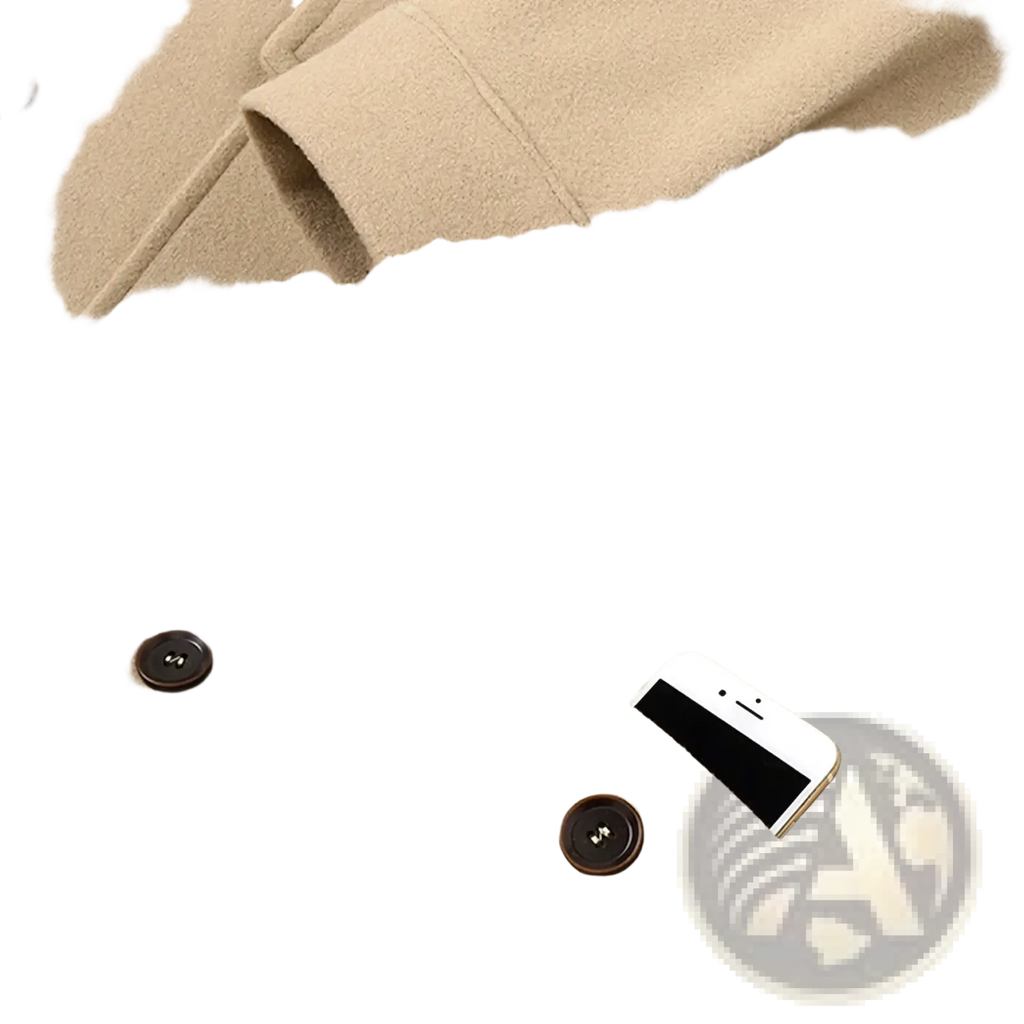 Plus size beige wool coat men 10xl 12xl with dark brown buttons and front pocket holding a smartphone casual jacket