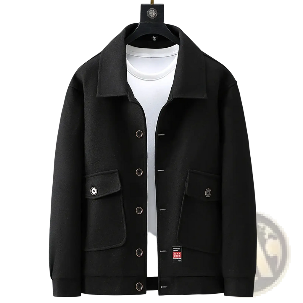 Plus size black wool coat men 10xl 12xl casual jacket with silver buttons and two front pockets on hanger