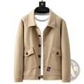 Beige woolen plus size wool coat men 10xl 12xl with dark brown buttons and flap pockets on a hanger