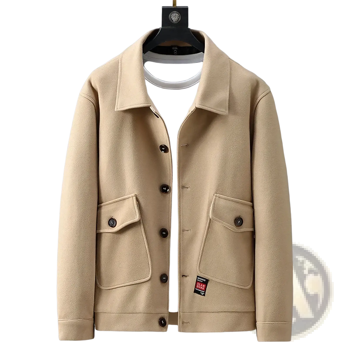 Beige woolen plus size wool coat men 10xl 12xl with dark brown buttons and flap pockets on a hanger