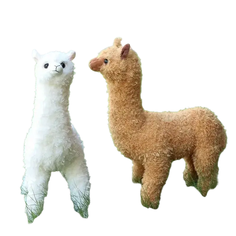 Two plush alpaca stuffed animal toys modname=ckeditor with soft textured fur in white and tan colors and embroidered faces