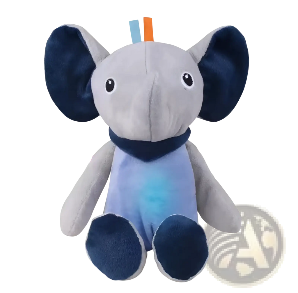 Plush animal comfort lamp musical baby toy featuring gray and navy blue soft fabric elephant with colorful musical notes