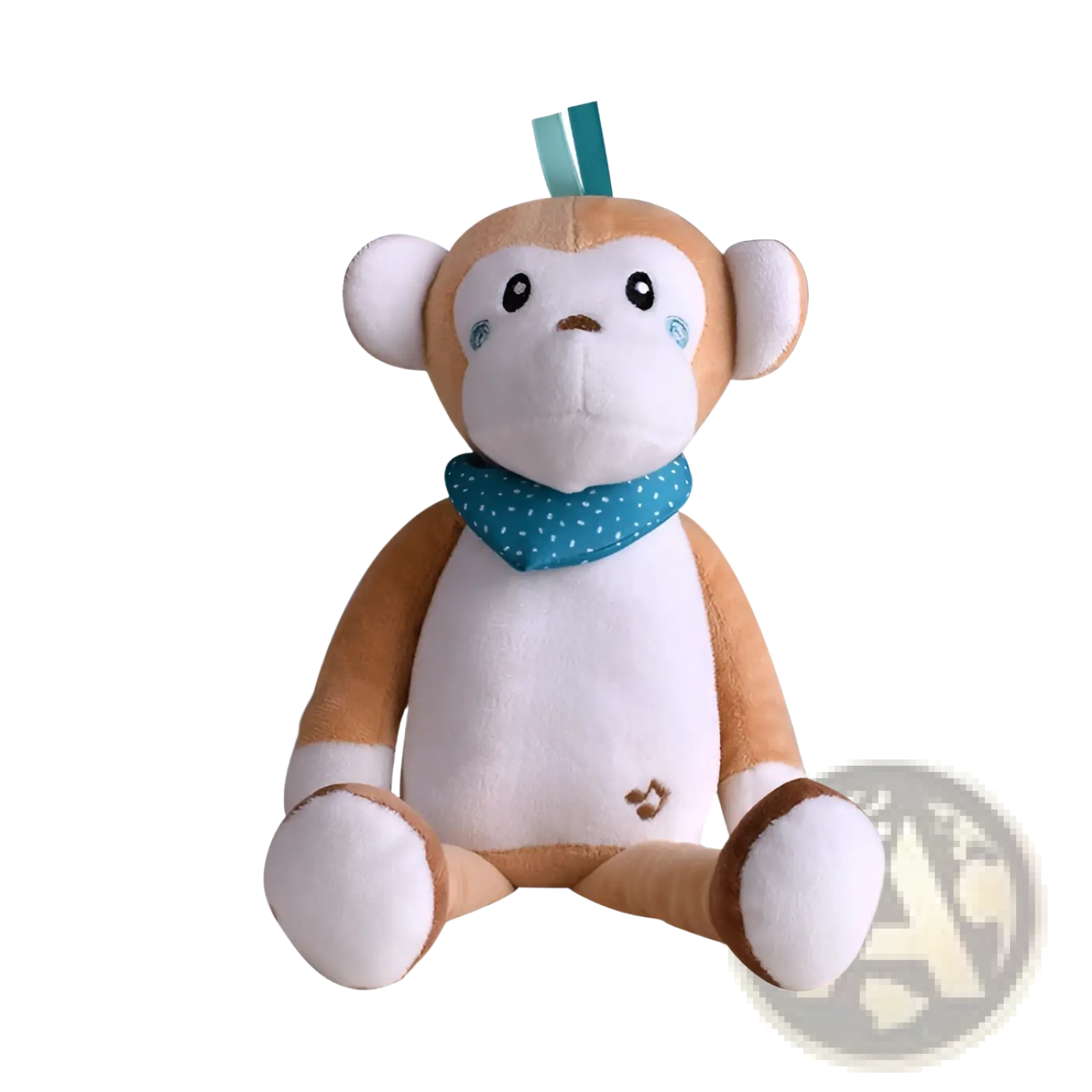 Plush animal comfort lamp musical baby toy featuring a cute tan and white plush monkey with teal polka-dot scarf