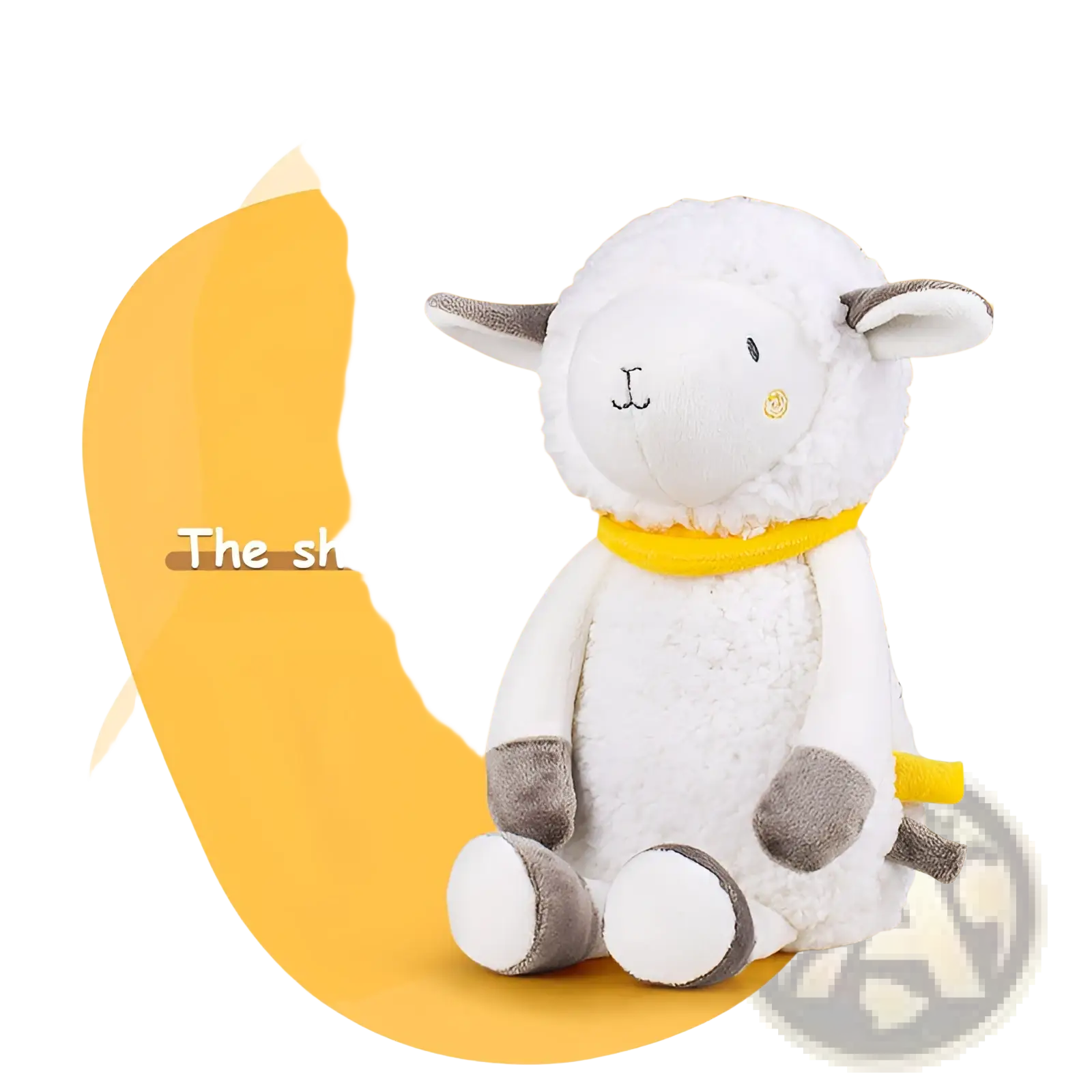 A soft white plush animal comfort lamp musical baby toy shaped like a sheep with gray accents and yellow collar