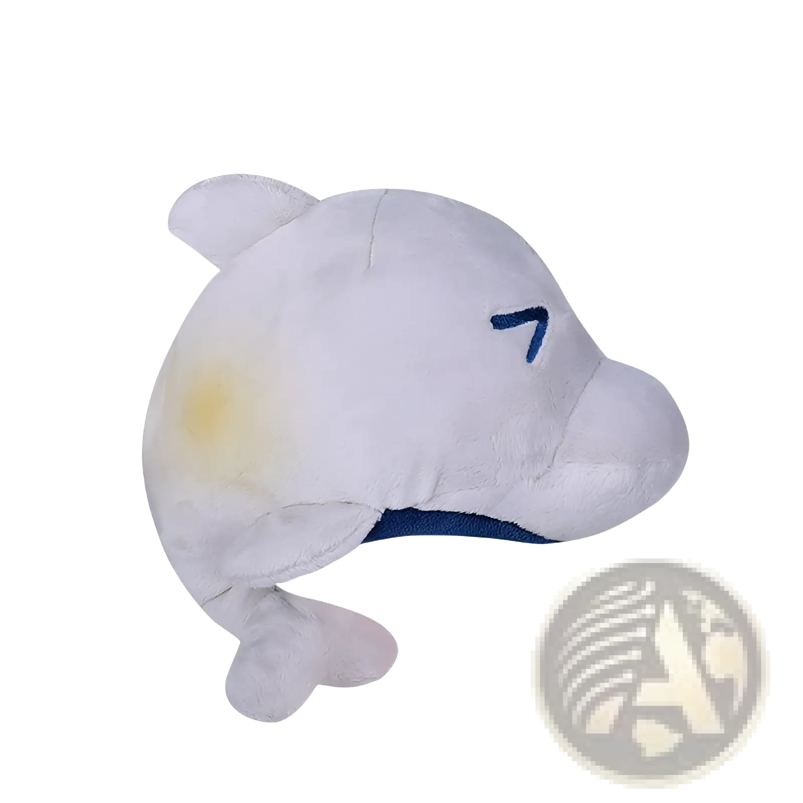 White plush dolphin comfort lamp with blue embroidered eye and yellowish stain designed as musical baby toy