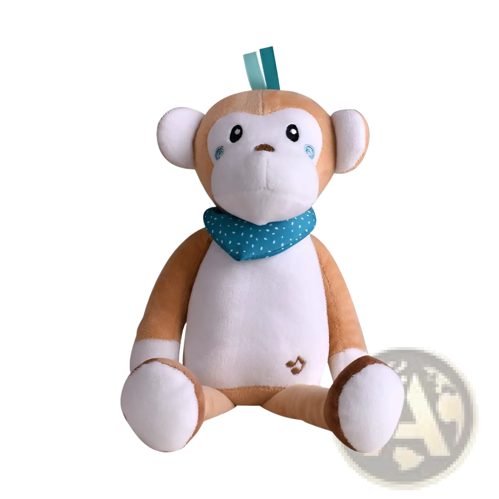 Cute tan and white plush monkey comfort lamp musical baby toy with teal polka-dot scarf and matching ribbon accents
