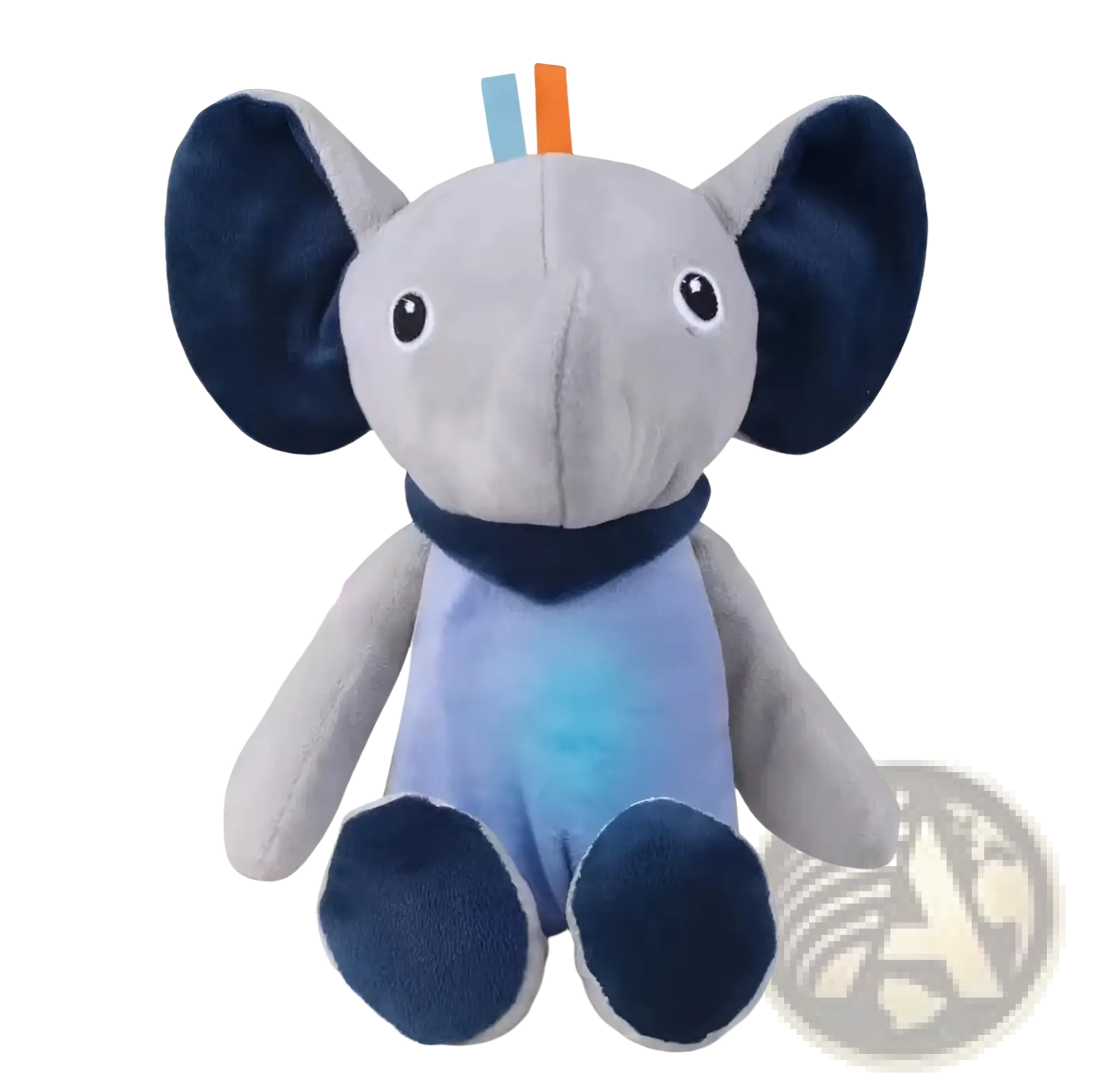 A plush elephant comfort lamp musical baby toy with gray and navy fabric and colorful musical notes