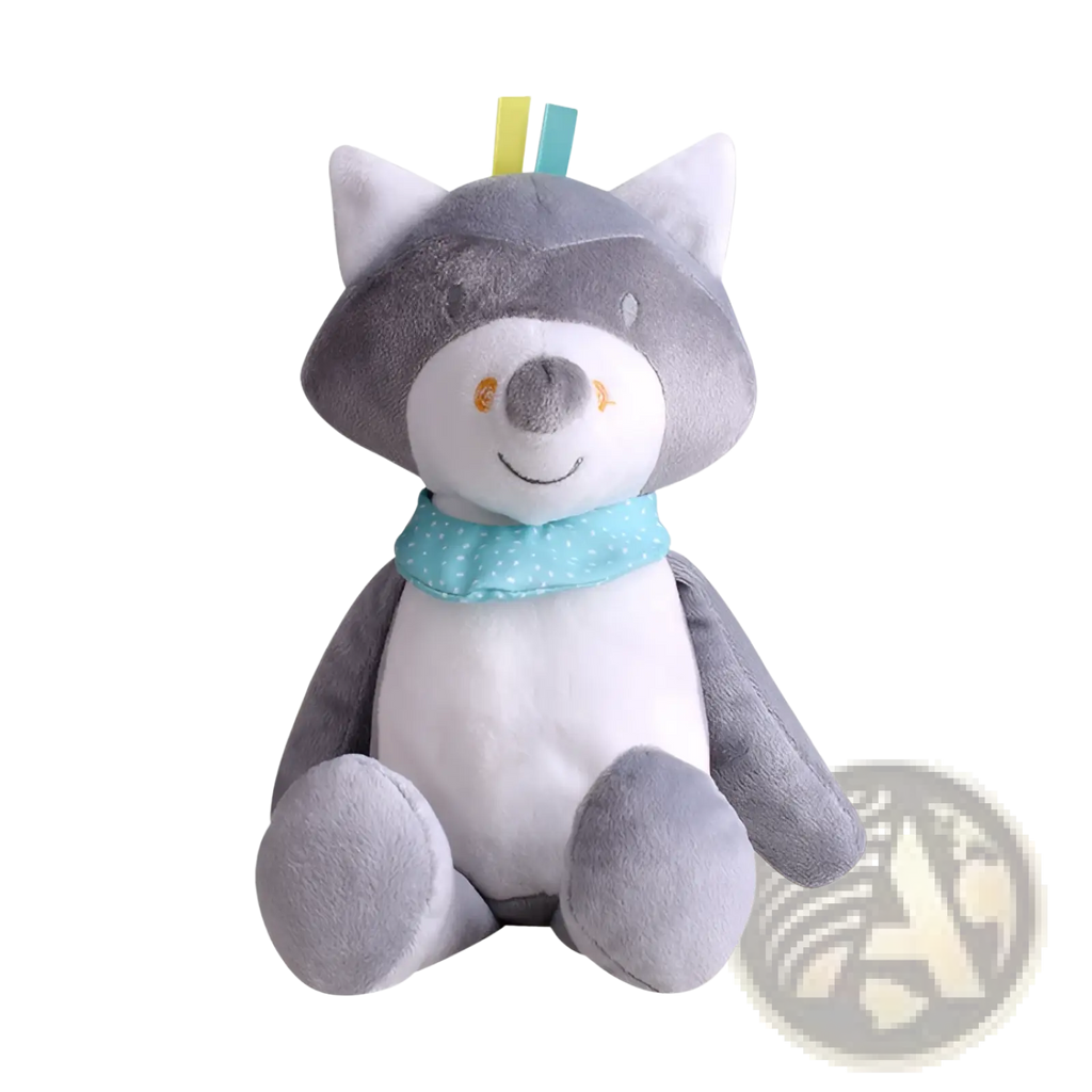 Plush animal comfort lamp musical baby toy featuring a soft gray and white plush raccoon with a blue scarf